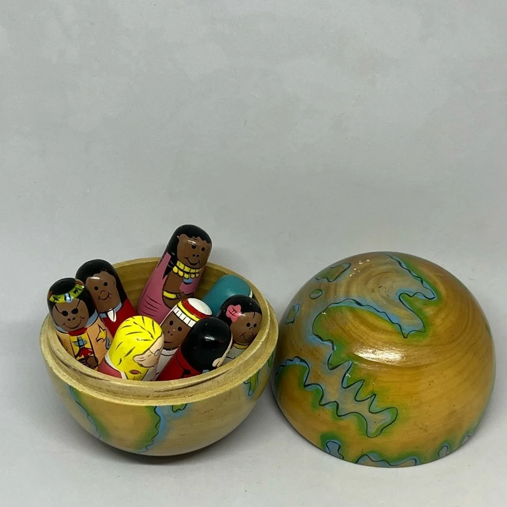Hand-Painted Wooden Nesting Dolls with Globe Case:
